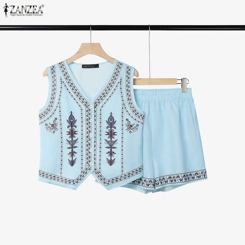 ZANZEA Women Ethnic Floral Printing Short Sets V-Neck Sleeveless Top & Elastic Waist Shorts Matching Sets Summer 2 Piece Co-ords