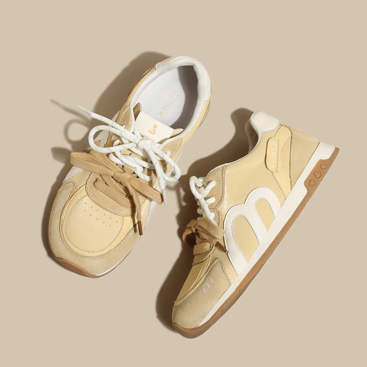 FOXER Retro Mesh Sneakers for Women Pig Split Leather Fashion Ladies Casual Running Shoes Daily Non Slip Walking Footwear