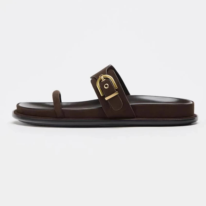 Gold Metal Buckle Decorated Flat Sandals Women Summer Soft Soles Comfortable Platform Slippers for Ladies Designer Beach Shoes
