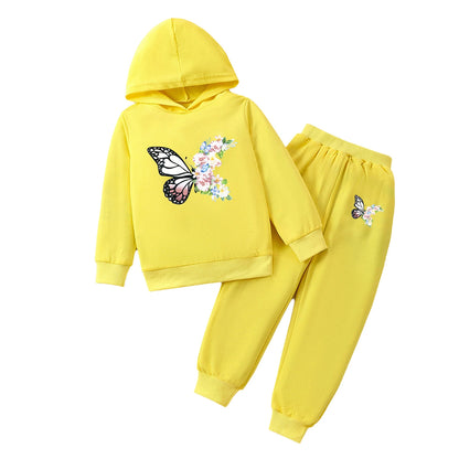 Kids Soft Casual Workout Outfit Girls Cute Butterfly Print Outfit Tracksuit Long Sleeves Hoodie with Pants Outdoor Sports Wear