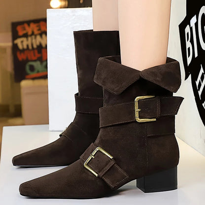 BIGTREE Shoes 2026 New Women Western Boot Retro Mid-Calf Boots Square Head Belt Buckle Women Boots Suede Thick Heel Autumn Boots