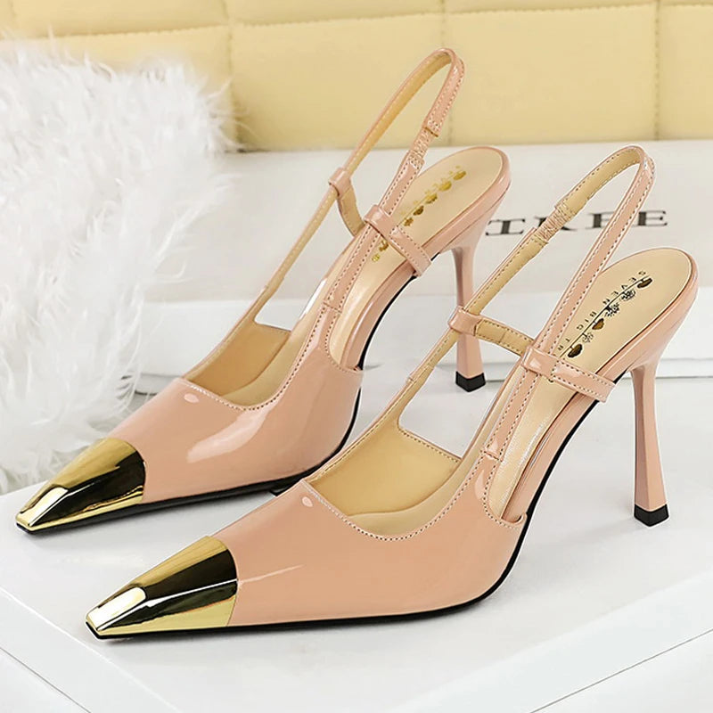 BIGTREE Shoes Metal Pointed Tip Women Pumps Patent Leather High Heels Rear Empty Rear Strap Women Sandals Summer Shoes Stilettos