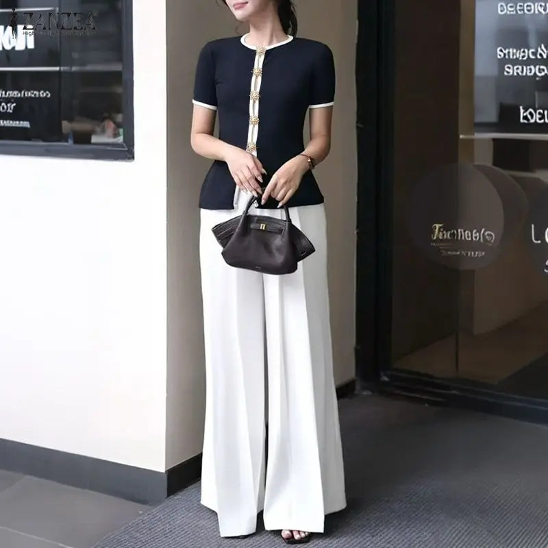 ZANZEA Fashion Summer 2 Pieces Sets Office Outfits 2026 Women Elegant Short Sleeve Blouse Pant Sets Color Blocking Tracksuit