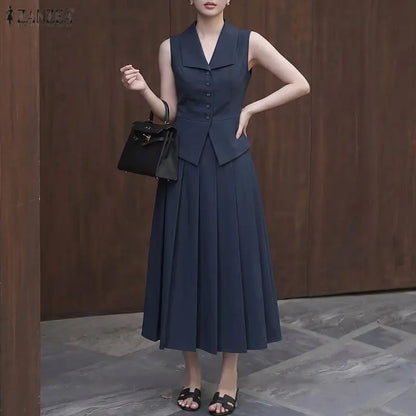 ZANZEA Women Elegant 2 Piece Matching Sets Lapel Sleeveless Vests Tops & Pleated A-Line Maxi Skirts Office Commute 2pcs Suits