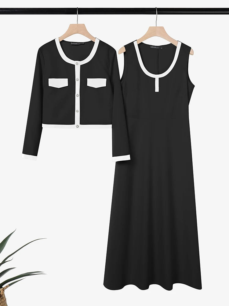 ZANZEA Elegant Women OL Work Dress Sets 2026 Spring Office Outfits Long Sleeve Slim Fit Cropped Tops Cardigan Maxi Tanks Dress