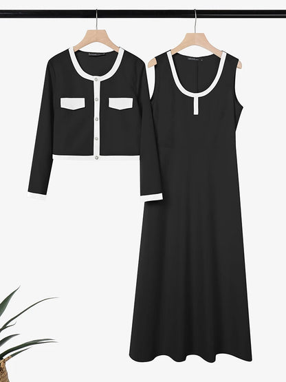 ZANZEA Elegant Women OL Work Dress Sets 2026 Spring Office Outfits Long Sleeve Slim Fit Cropped Tops Cardigan Maxi Tanks Dress