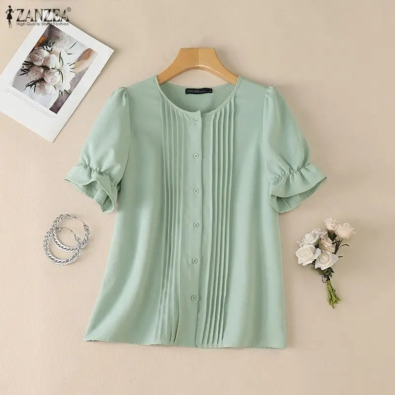 ZANZEA Women Elegant Pintuck Detailing Blouses Summer Casual Short Sleeve Tops Commute Solid Color O-Neck Button Up Blusas Mujer
