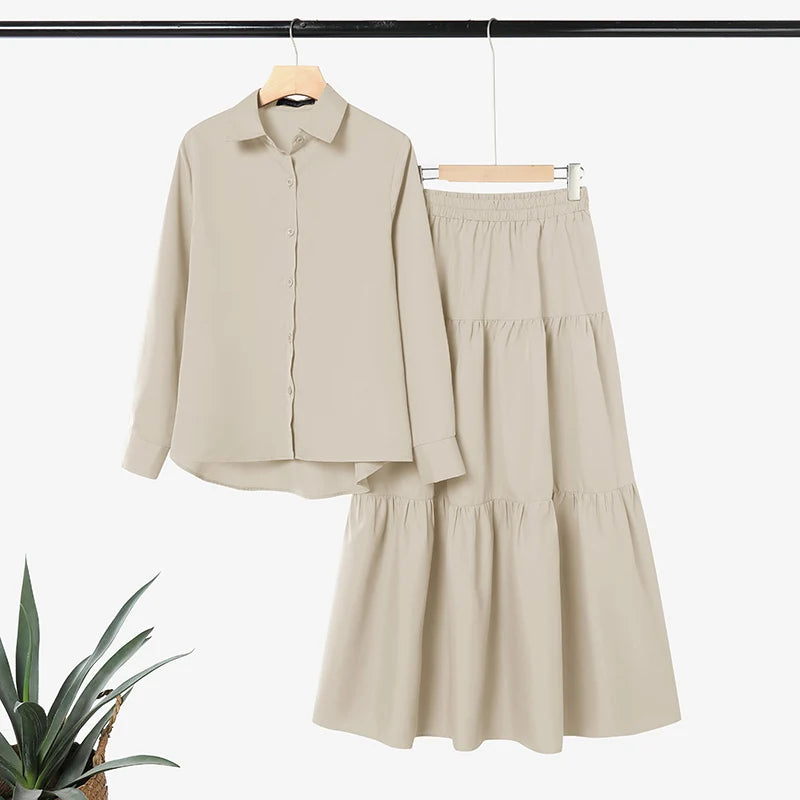 ZANZEA Modest Hijabis Womens Skirt Suits Long Sleeve Shirt & Tiered Long Skirt 2 Pieces Sets Muslim Islamic Daily Casual Outfits