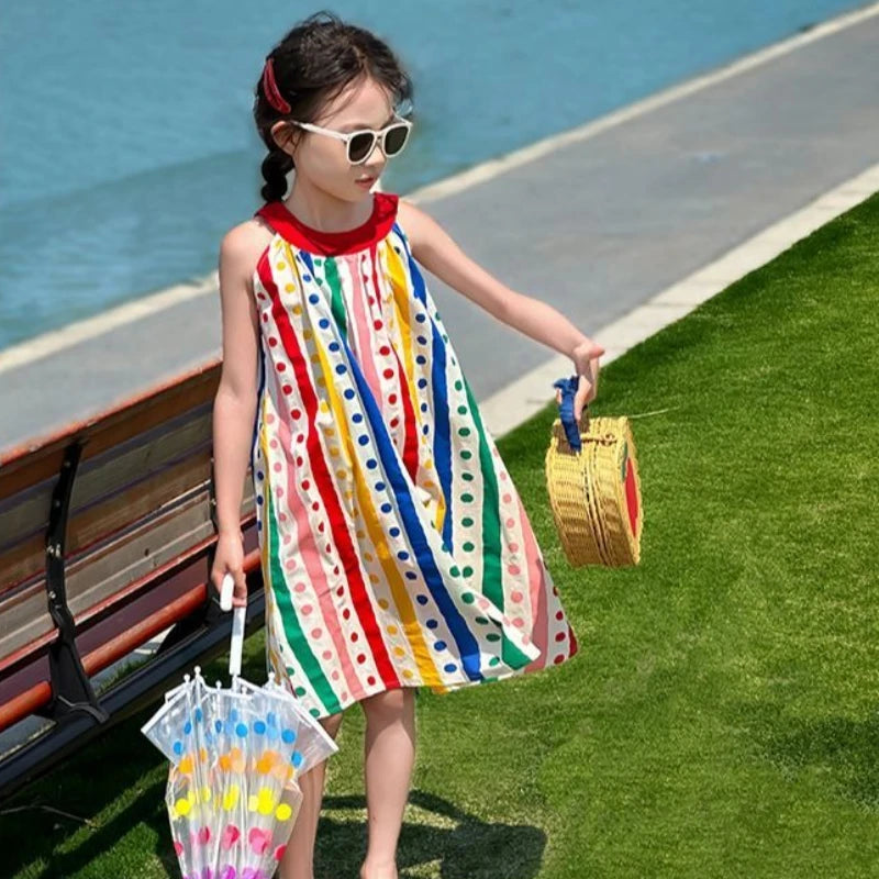 Sleeveless Vest Princess Rainbow Striped Dress Polka Dot Girl Elegant Girls Vintage Children's Clothing Party Junior Girls' Kids