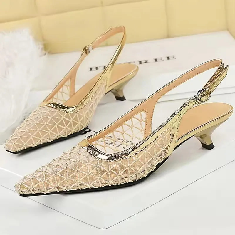 BIGTREE Shoes Mesh Breathable Women Pumps Fashion Kitten Heels 3 CM Hollow Out And Empty Back Strap Summer Sandals Women Shoes