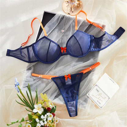 Women's Lingerie Navy Blue Sheer Mesh Underwear Steel Rings Bra Orange Bow Thongs 2Pieces Sexy Lingerie Contrast Color Intimates
