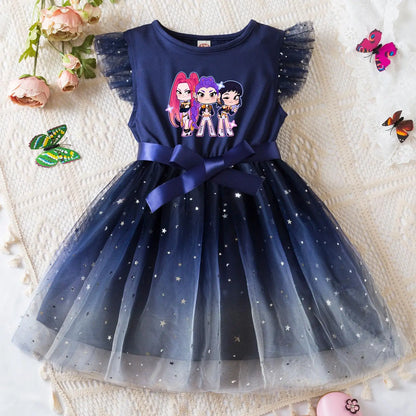 K-Pop Hunters Zoey Rumi Girls Sequin Tutu Dress with Bow Flutter Sleeves Summer Princess Party Outfit for Toddler Kids 2-6Y