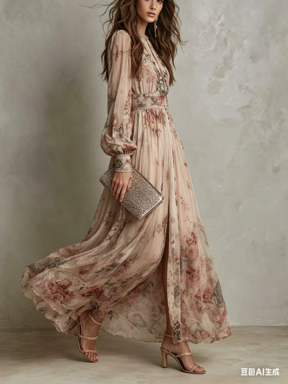 Elegant Long Sleeve Chiffon Long Dresses For Women 2026 Fashion Floral Print Slim Party Maxi Dress Casual