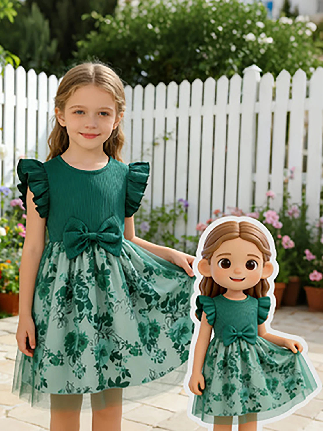 Little Girls Green Gradient Princess Dress, Summer Floral Print Tutu Skirt, Kids Pastoral Style Daily Dress