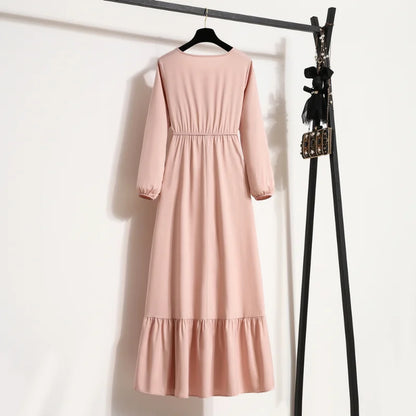 Women Long Dress Spring Autumn Mujer Vestidos Solid Full Sleeve O-neck Casual Chiffon Dresses Muslim Solid Loose Maxi Dresses