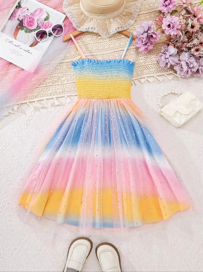 Girls Summer Gown Sweet Sleeveless Tulle Skirt with Gradient Color Sequin Mesh Gathered Strap Design for Outdoor Vacation