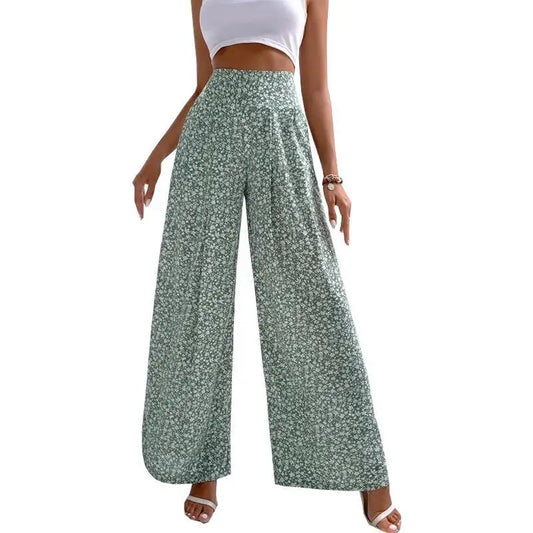 2024 New Red Green Blue Black Floral High-Waisted Bell-Bottoms Pants Loose and Comfortable Slim Ladies Design Feeling Pants