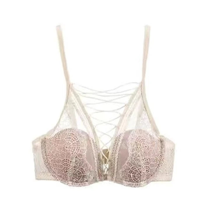 French Lace Bralette Set Small Bust Women Soft Wire Support Sexy Pure Hollow Out Lace Up Comfort T-Shirt Bra Everyday MOYISU AB