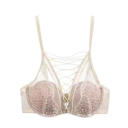 French Lace Bralette Set Small Bust Women Soft Wire Support Sexy Pure Hollow Out Lace Up Comfort T-Shirt Bra Everyday MOYISU AB