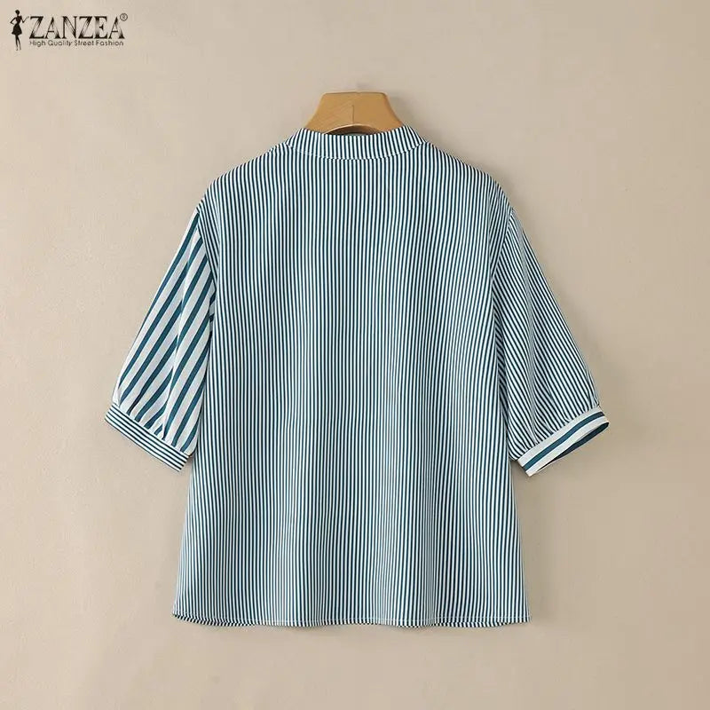 ZANZEA Casual Striped Patchwork Blouses for Woman Stand Collar Half Puff Sleeve Day Wear Tops Summer 2026 Loose Blusas de Mujer