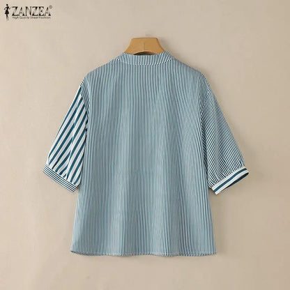 ZANZEA Casual Striped Patchwork Blouses for Woman Stand Collar Half Puff Sleeve Day Wear Tops Summer 2026 Loose Blusas de Mujer