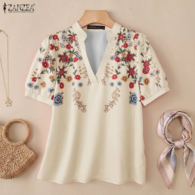 ZANZEA 2026 Summer Floral Print Blouses Woman Casual V-Neck Short Puff Sleeve Pullover Blusas Mujer Vacation Everyday Wear Tops