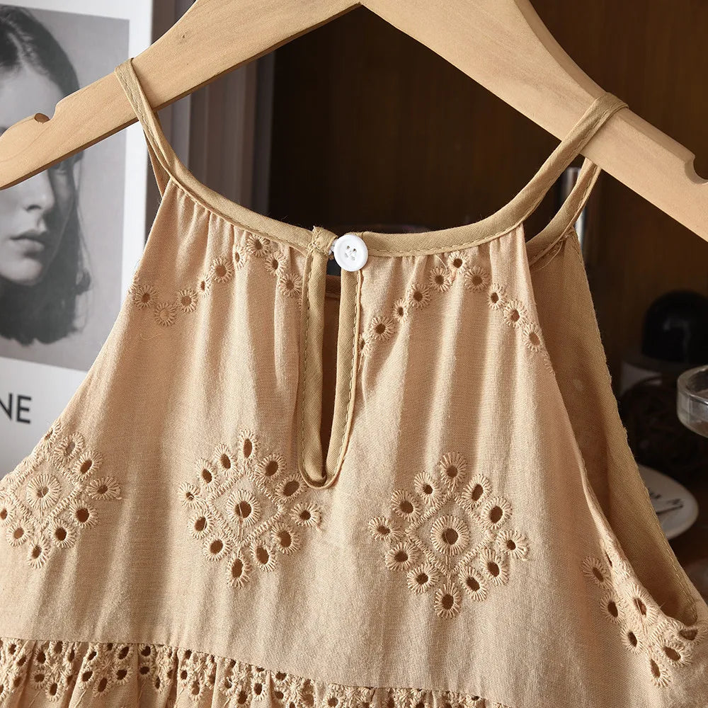 2026 Kids Clothing Korean Dress for Girls Solid Color Lace Hollow-out Suspenders Dresses Plain Cotton Girls Summer Clothes