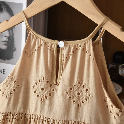 2026 Kids Clothing Korean Dress for Girls Solid Color Lace Hollow-out Suspenders Dresses Plain Cotton Girls Summer Clothes
