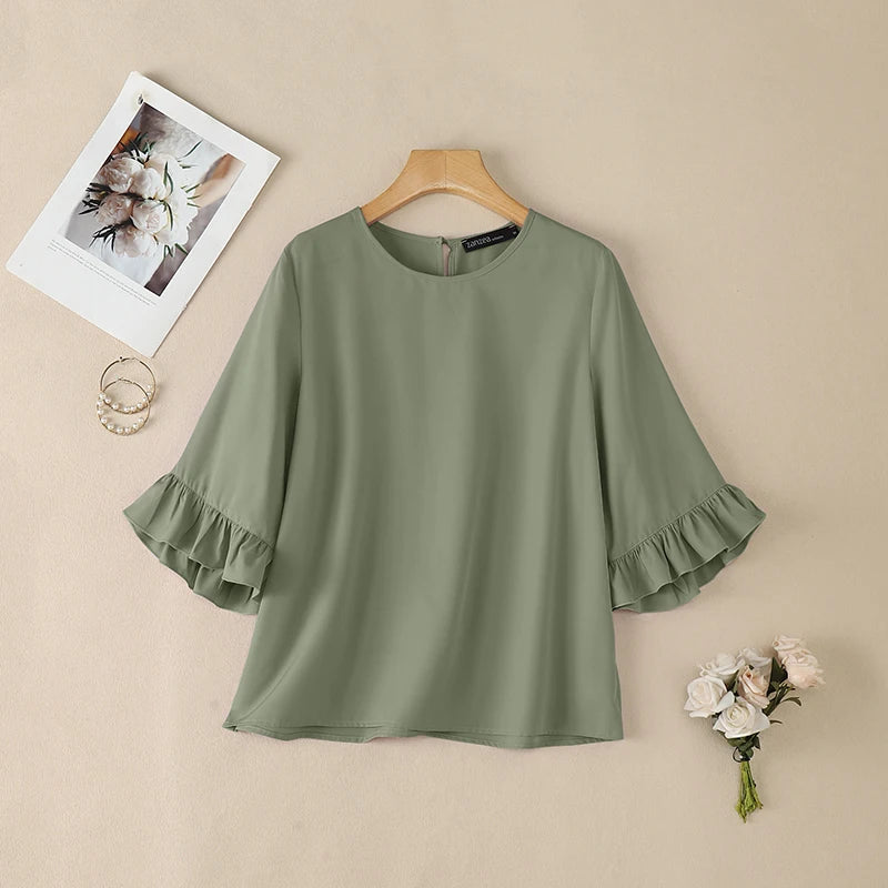 ZANZEA Women's Elegant Blouses 3/4 Flared Sleeve O-Neck Pullover Tops Summer Minimalist Casual Solid Color Blusas de Mujer