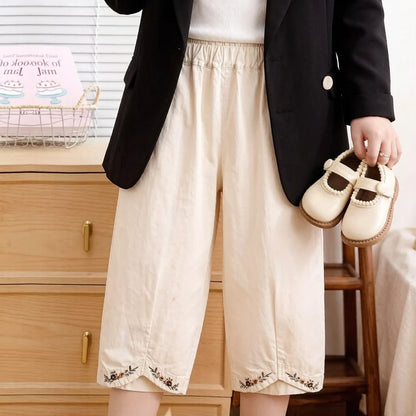 Girls' Embroidered Lace Trim Trousers Spring Summer Korean Country Garden Style Loose Fit Breathable Versatile Everyday Wear