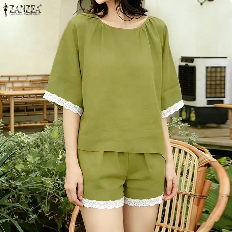 ZANZEA Fashion Summer 2 Pieces Sets Holiday Outfits Women O Neck Short Sleeve Blouse Short Sets Casual Lace Patchwork Tracksuit