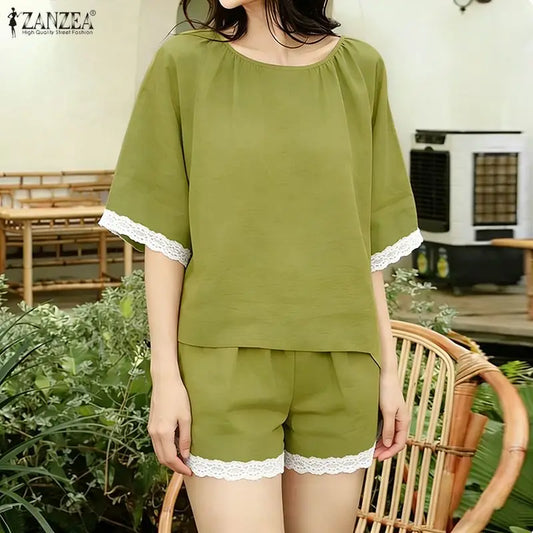 ZANZEA Fashion Summer 2 Pieces Sets Holiday Outfits Women O Neck Short Sleeve Blouse Short Sets Casual Lace Patchwork Tracksuit