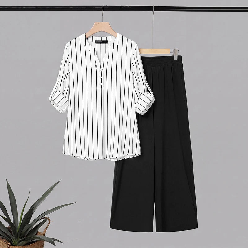 ZANZEA 2PCS Autumn Outfits Casual V Neck Long Sleeve Tops Pant Sets Women Striped OL Style Outfits Stylish 2 Pieces Sets Korean