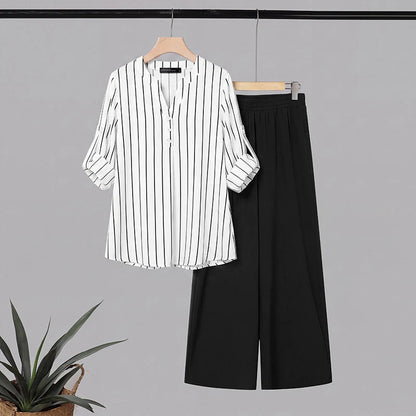 ZANZEA 2PCS Autumn Outfits Casual V Neck Long Sleeve Tops Pant Sets Women Striped OL Style Outfits Stylish 2 Pieces Sets Korean