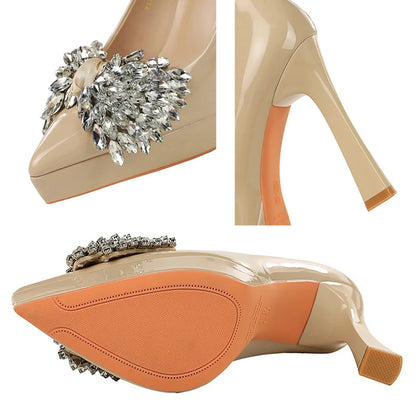 BIGTREE Shoes Platform Heels Women Pumps Rhinestone Bow High Heels 12 CM Patent Leather Woman Heels Luxury Sexy Party Shoes Lady