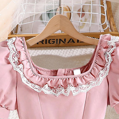 Sweet Elegant Pink Long Skirt Dress for 8-12 Year Old Girls Summer Square Collar Bubble Sleeve Lace Princess Party Gown