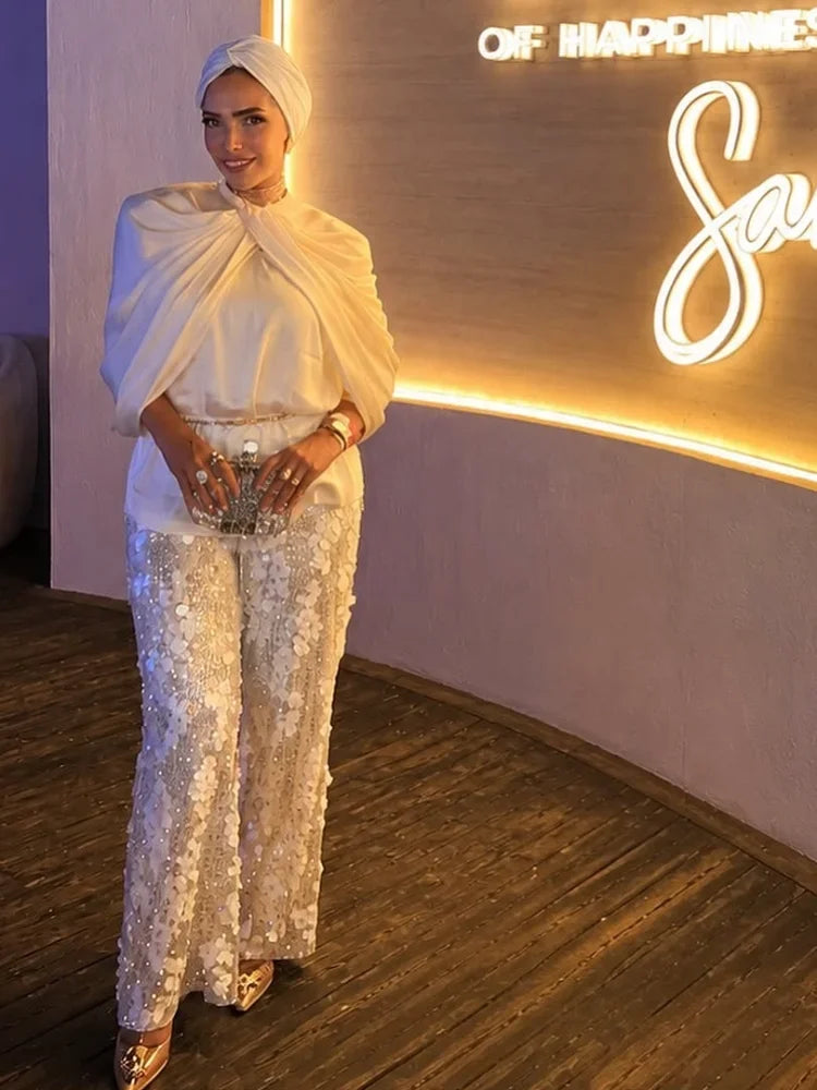 Silver 3d Petal Sequin Casual Pant Elastic Waist Loose Slimming Sequin Wide-leg Pants 2026 Evening Gathering Vibe Outfit