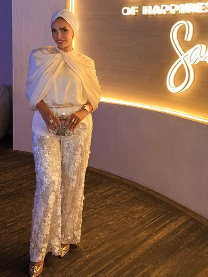 Silver 3d Petal Sequin Casual Pant Elastic Waist Loose Slimming Sequin Wide-leg Pants 2026 Evening Gathering Vibe Outfit