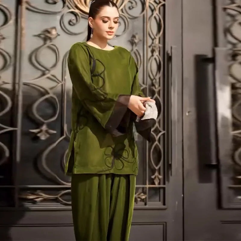 Muslim Sets Women Top Blouse Wide Leg Pants Suit Flower Outfits Modest Morocco Ramadan Dubai Islam Trousers Ensemble 2025