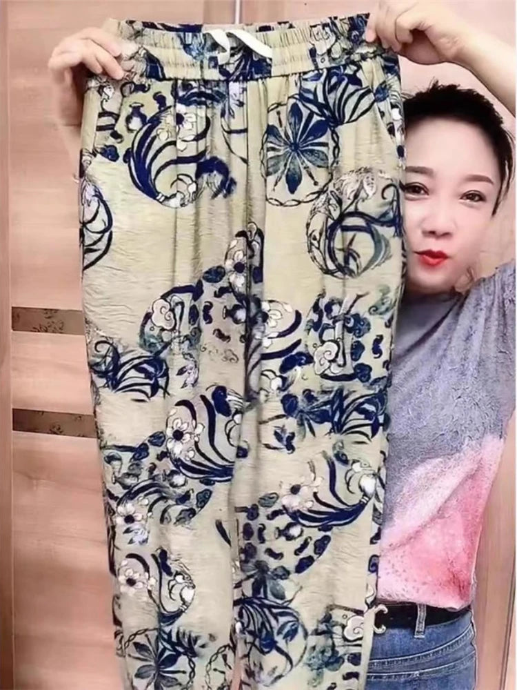 Summer Thin Cotton Linen Floral Casual Pants Women High Waist Nine Points Ice Silk Loose Fit Trousers for plus Size Ladies