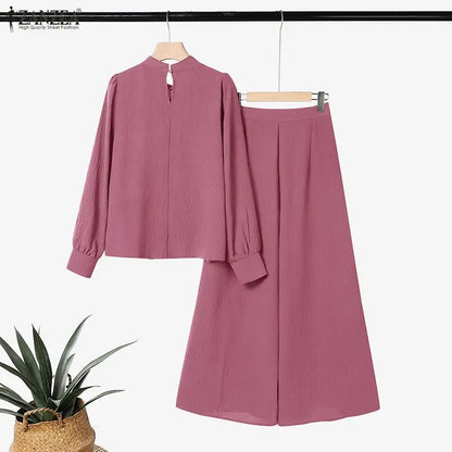 ZANZEA Women Crinkled Fabric 2-Piece Pant Sets Mock Neck Blouse & Wide Leg Pant 2pcs Matching Sets Minimalist Commute Outfits
