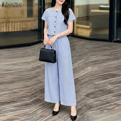 Summer Women Pant Sets Fashion ZANZEA 2PCS Stripe Two-piece Outfits Short Sleeve Tops Wide Leg Pants Streetwear Matching Sets