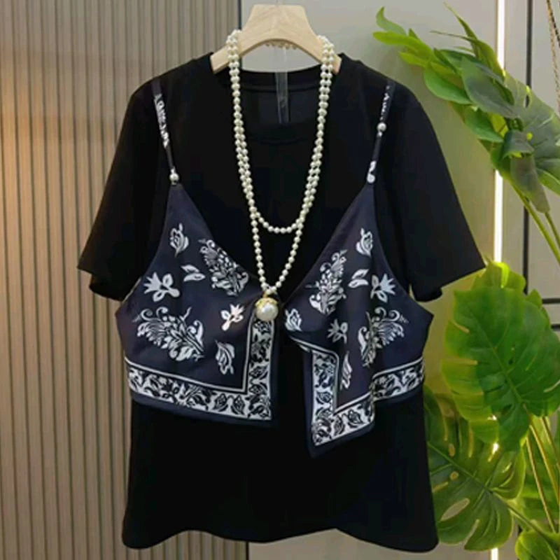 Summer Fake Two Piece Women O Neck Short Sleeve T Shirts Chic Silk Scarf Camisole Top Fashion All-match 2xl Oversized Clothing
