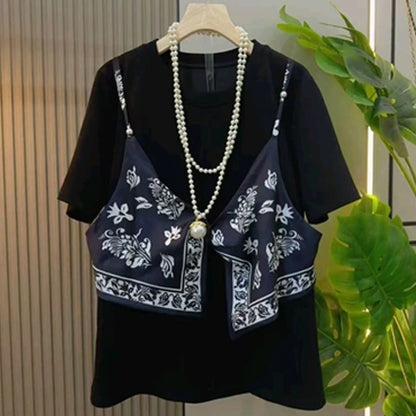 Summer Fake Two Piece Women O Neck Short Sleeve T Shirts Chic Silk Scarf Camisole Top Fashion All-match 2xl Oversized Clothing