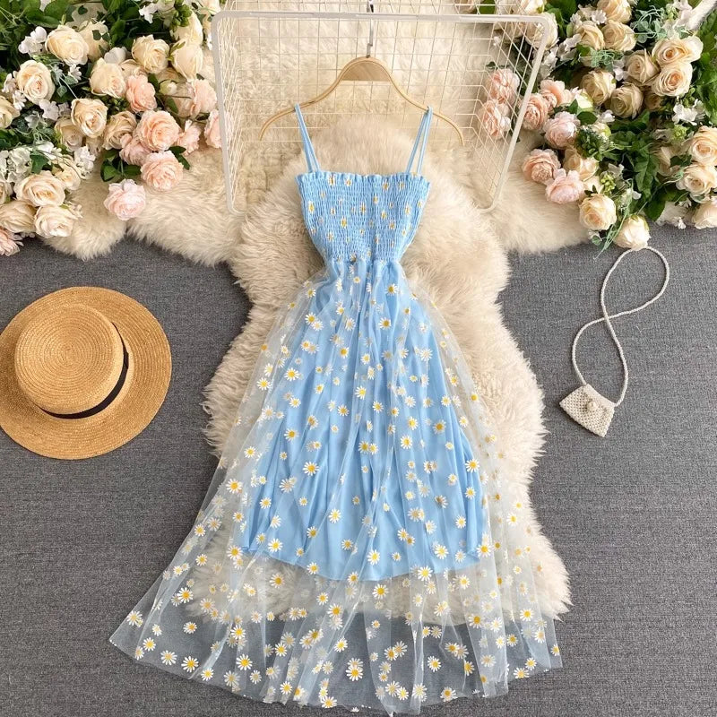 Women Dress 2026 New Summer Fashion Fairy Mesh Party Dress Korean Pop Floral Print Vacation Beach Dress Streetwear Sundress