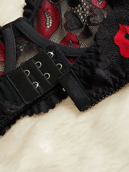 Sheer Mesh Lingerie Set Red Lips Print Bra Thong Adjustable Back Band Hollow Out Sexy Push Up Gift