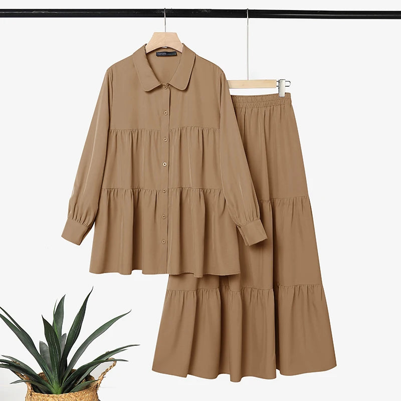 Plus Size Women Dress Sets Modest Muslim Long Sleeve Blouse Maxi Skirt ZANZEA Buttons Up Shirt Sundress Suit 2PCS Ramadan Outfit