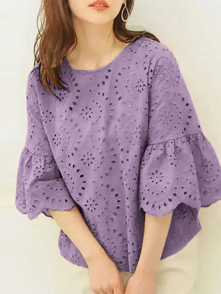 ZANZEA 3/4 Ruffle Sleeve Loose Blusa Women Hollow Out Lace Patchwork Solid Color Tops Everyday 2024 Summer Casual Elegant Blouse