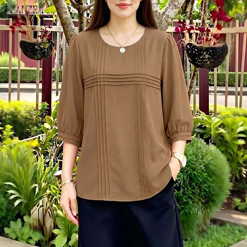 ZANZEA Woman Casual Minimalist Blouses Summer Pintuck Detailing O-Neck 3/4 Puff Sleeve Solid Color Tops Everyday Blusas de Mujer