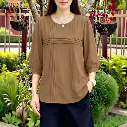 ZANZEA Woman Casual Minimalist Blouses Summer Pintuck Detailing O-Neck 3/4 Puff Sleeve Solid Color Tops Everyday Blusas de Mujer